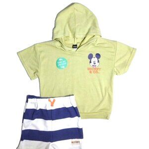 New Mickey Mouse 2 pc short set Hoodie Green Blue & White stripe Boys size 5